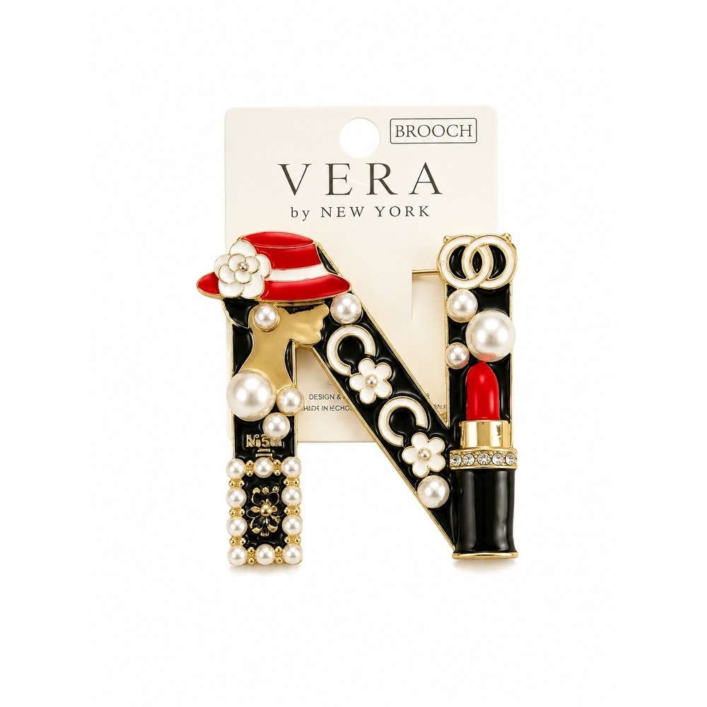 Vera Brooch Initial N Pearl Enamel Women Gold Red Pin Fashionista Parisian Chic